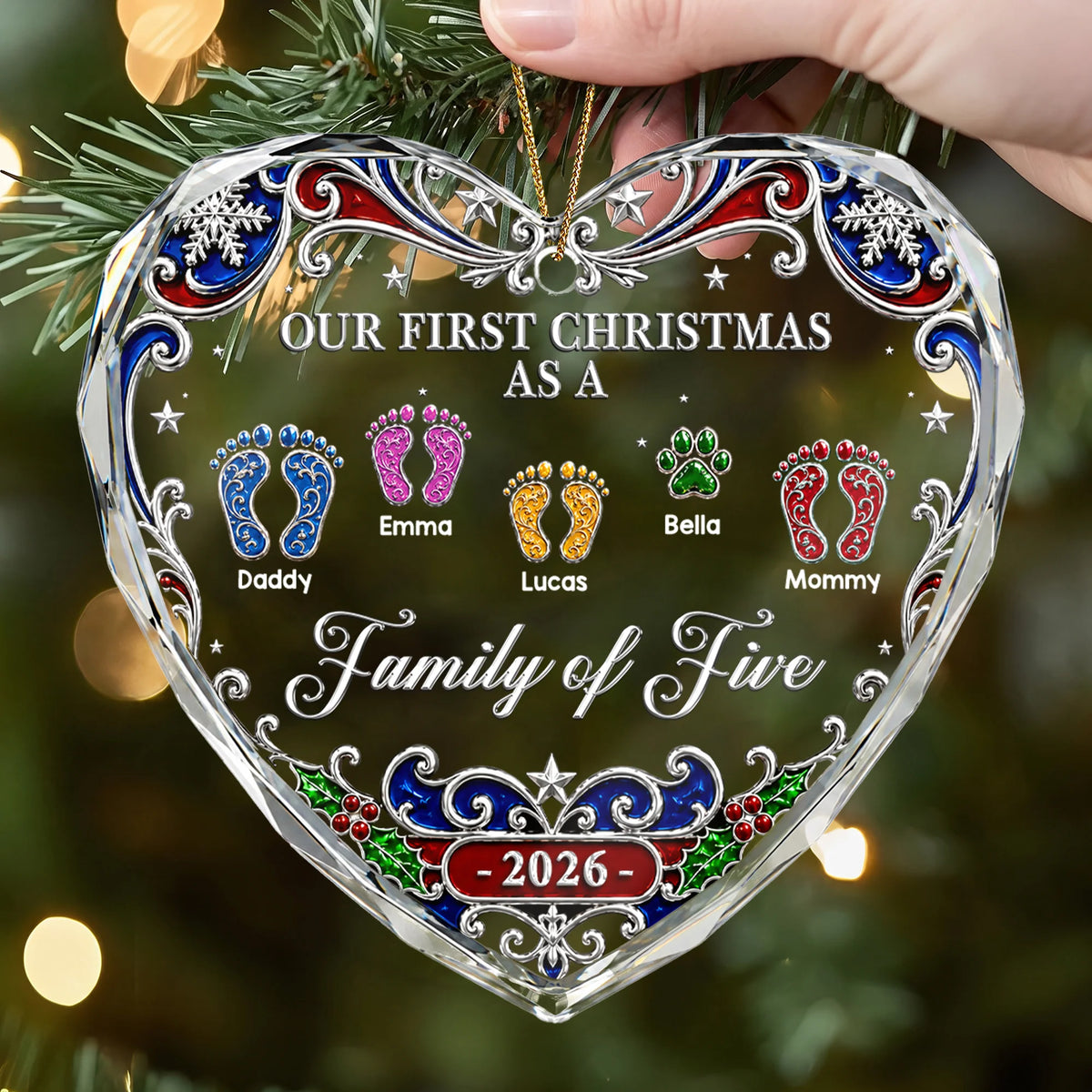 "Our First Christmas As A Family" Glass Heart Ornament - Personalized Keepsake Gift