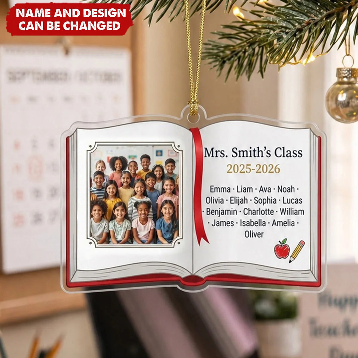 Custom Class Photo Book Acrylic Ornament - Personalized Teacher Appreciation Keepsake Gift with Student Names