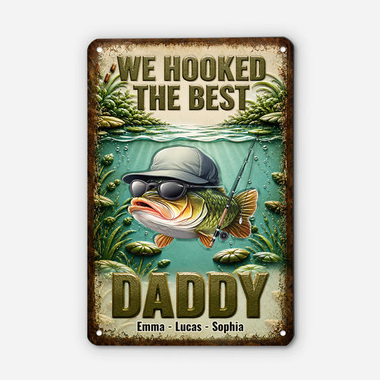 Personalized fishing gifts for dad featuring a custom bass fish metal sign with kids names