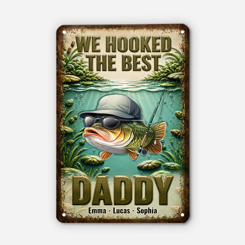 Personalized fishing gifts for dad featuring a custom bass fish metal sign with kids names