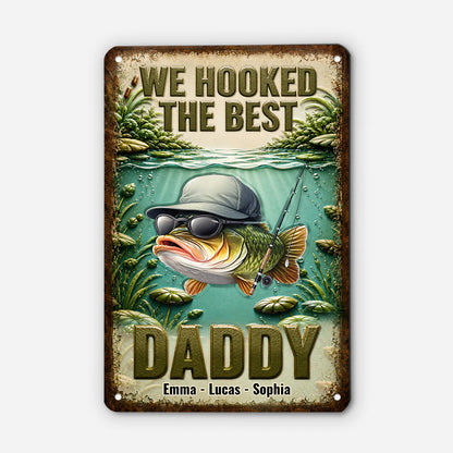 Personalized fishing gifts for dad featuring a custom bass fish metal sign with kids names