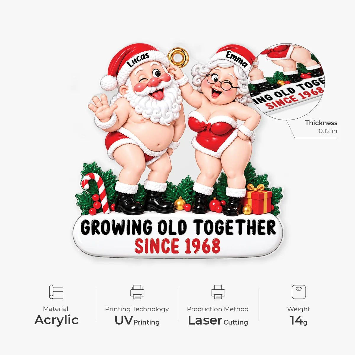 "Growing Old Together" Funny Santa Couple Personalized Acrylic Ornament - Christmas Gift for Couples