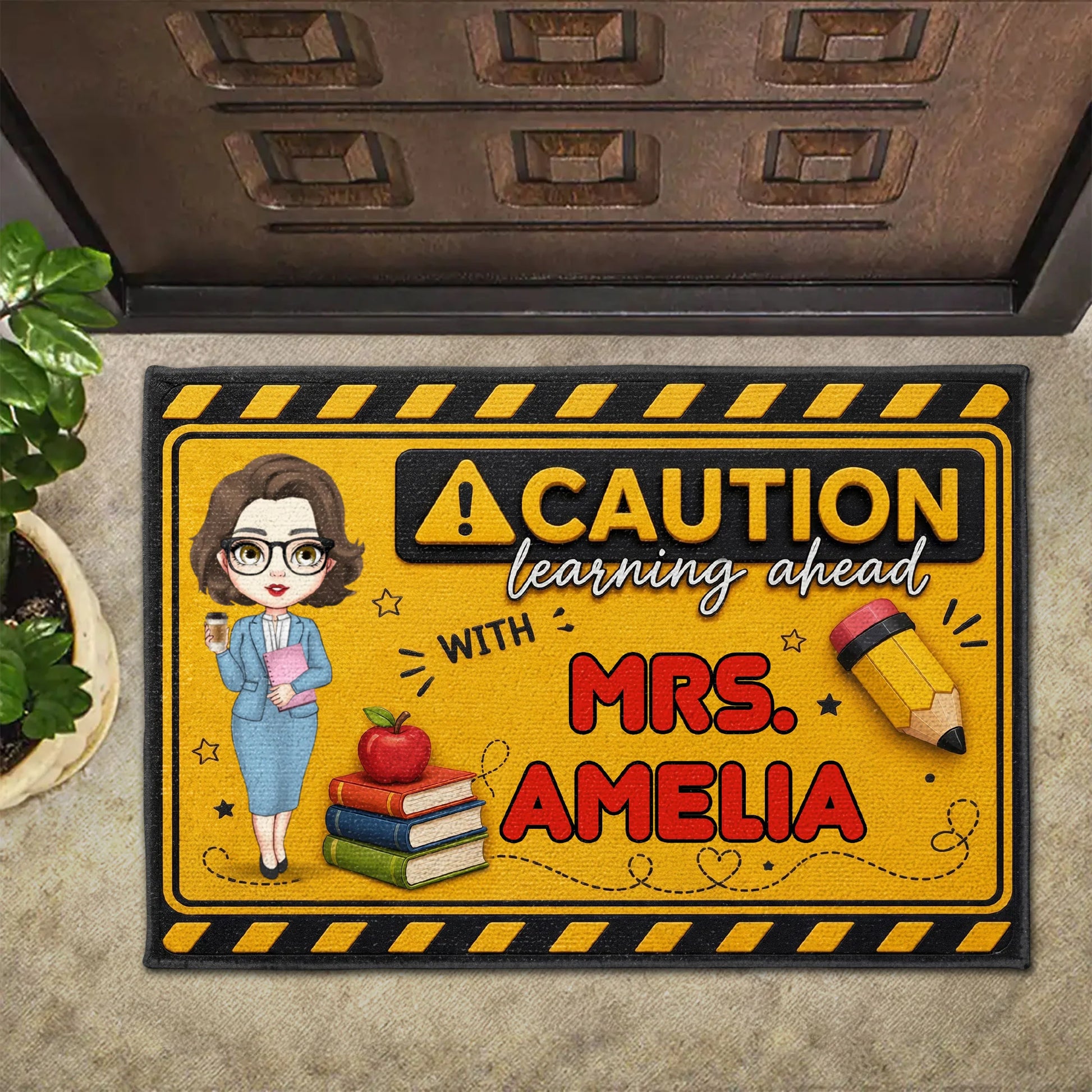 Personalized teacher doormat featuring Caution Learning Ahead text with customized teacher name for classroom decor