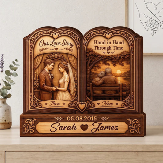 Our Love Story Personalized Wooden Block - Hand in Hand Custom Couple Anniversary Gift for Wife Husband