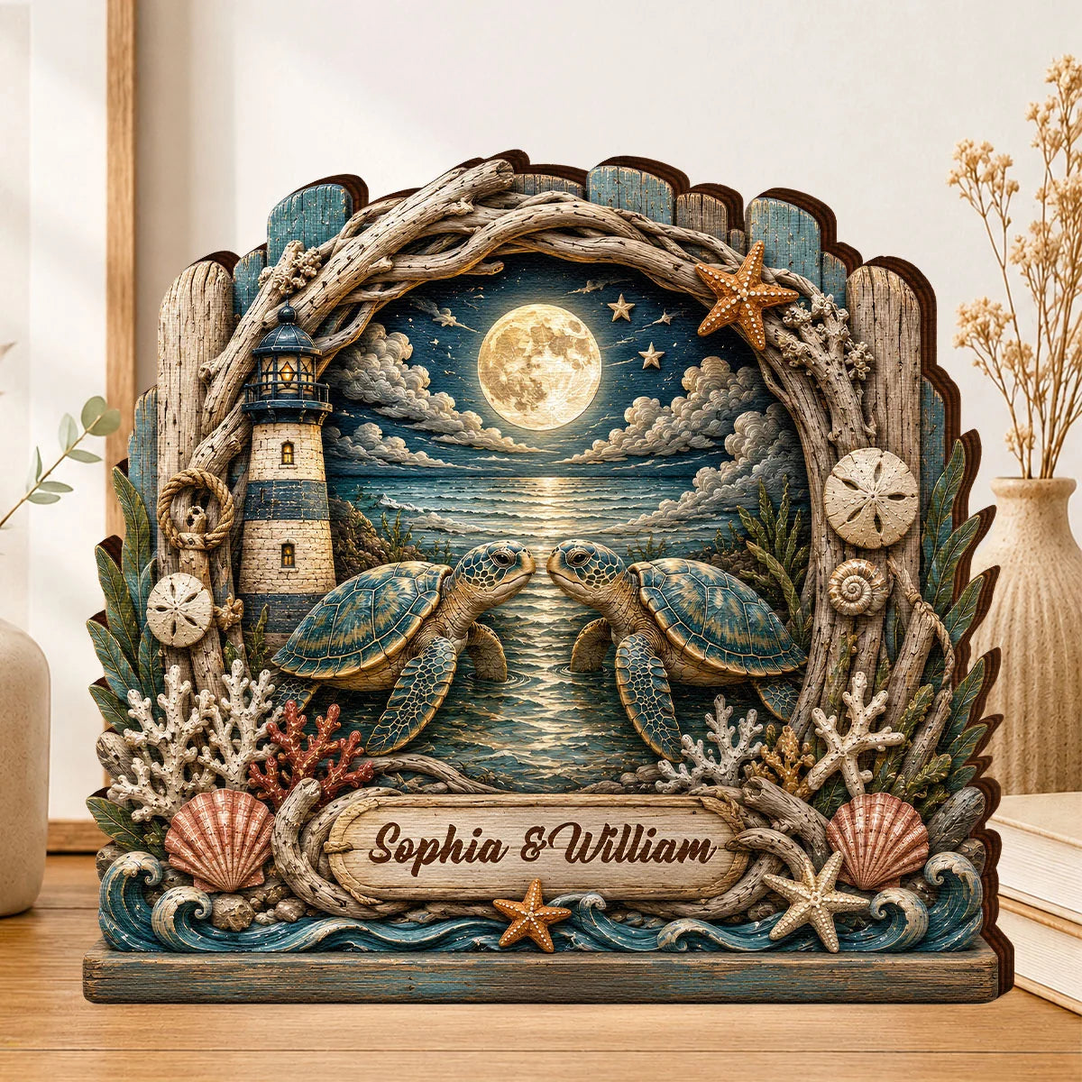 Turtley In Love Personalized Sea Turtle Wooden Block - Custom Gift for Couples Anniversary