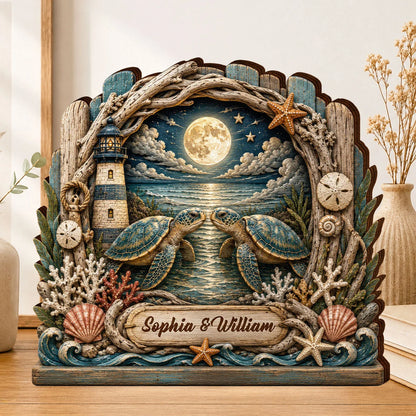 Turtley In Love Personalized Sea Turtle Wooden Block - Custom Gift for Couples Anniversary
