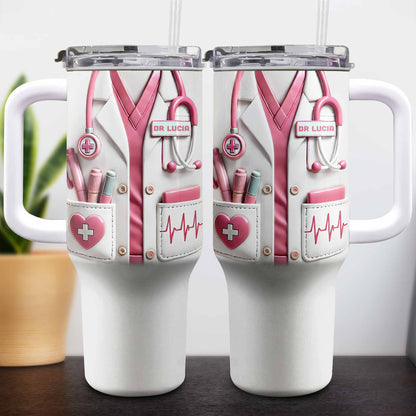 Personalized nurse 40oz tumbler featuring a custom pink medical scrubs design with stethoscope and heartbeat line. image 7