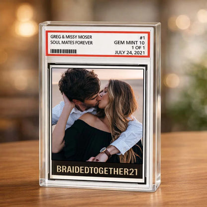 Custom trading card plaque for couples with personalized photo print and names, romantic anniversary gift