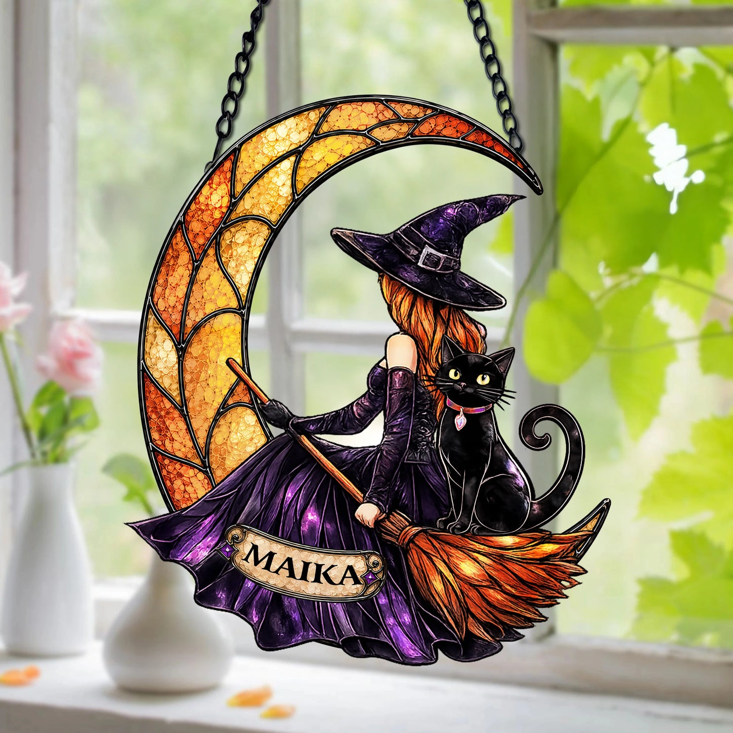 Personalized Witch and Black Cat Suncatcher Ornament - Custom Halloween Keepsake Decor