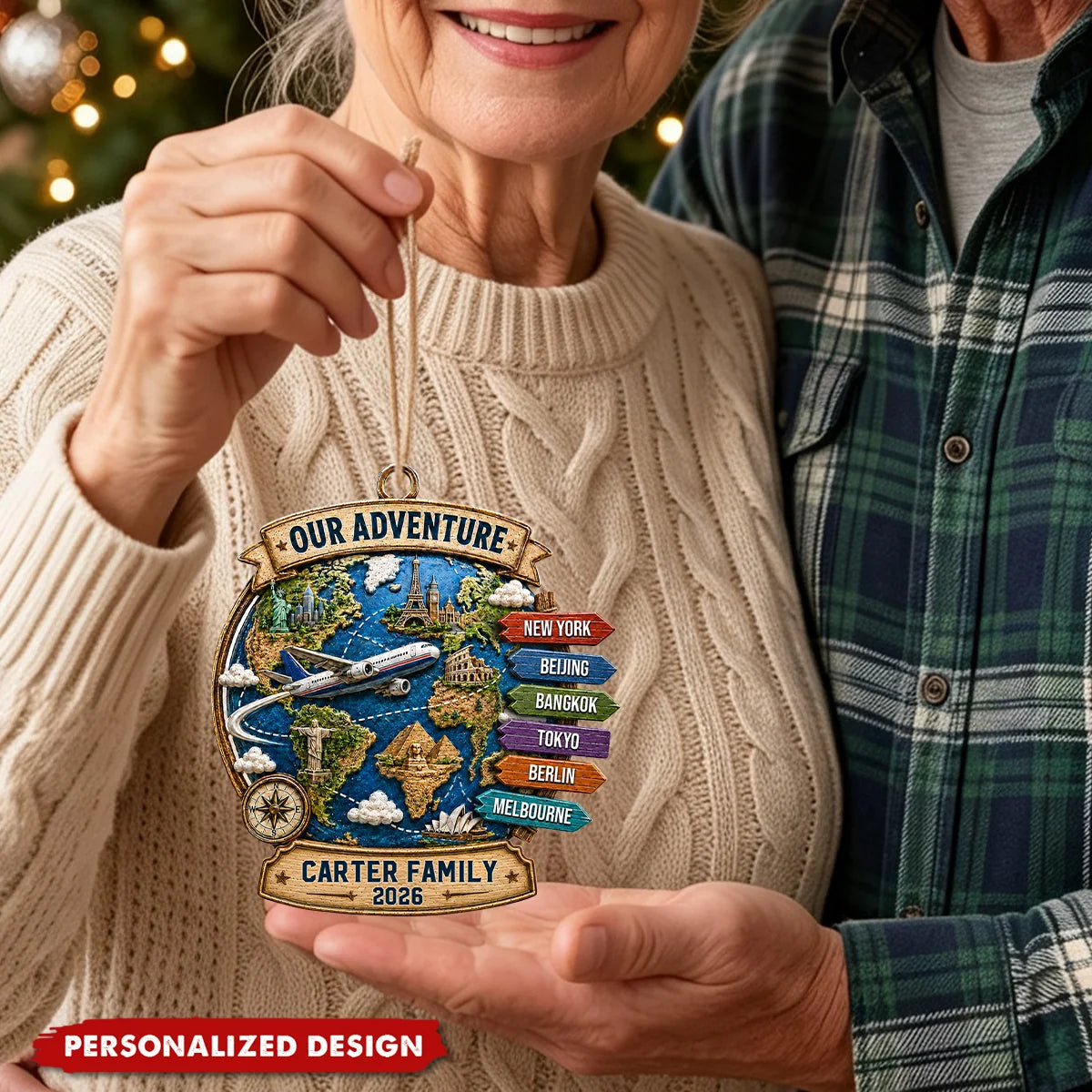 Our Adventure Custom Travel Wooden Ornament - Personalized Keepsake Gift for Couples and Families