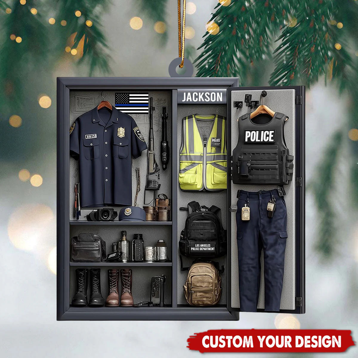 Personalized police officer ornament with custom uniform locker design and Thin Blue Line flag