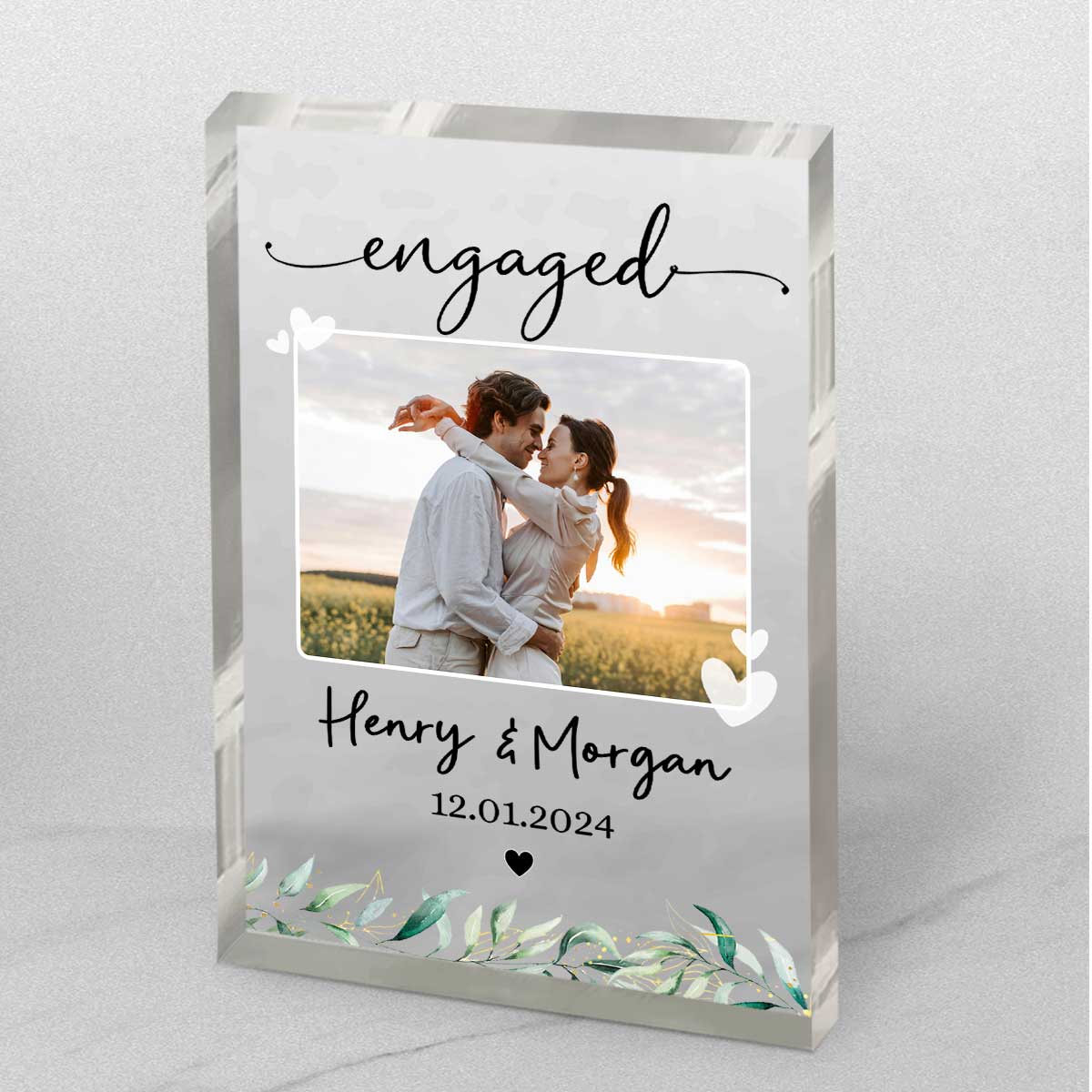 "Engaged" Personalized Photo Acrylic Block Plaque - Custom Couple Gift for Newly Engaged Keepsake
