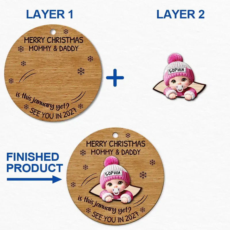 Baby Peeking Out Custom Wooden Ornament - Personalized Expecting Mom Christmas Gift