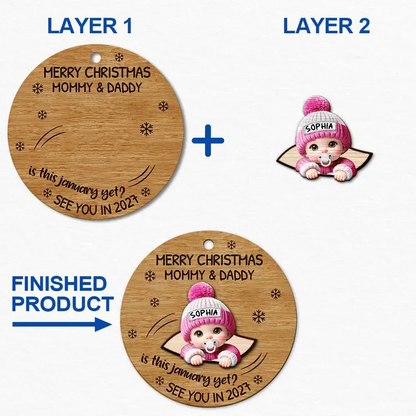 Baby Peeking Out Custom Wooden Ornament - Personalized Expecting Mom Christmas Gift