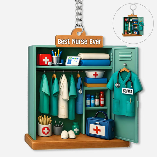 Personalized nurse keychain featuring 3D effect medical locker design with custom name print for nurse appreciation gift