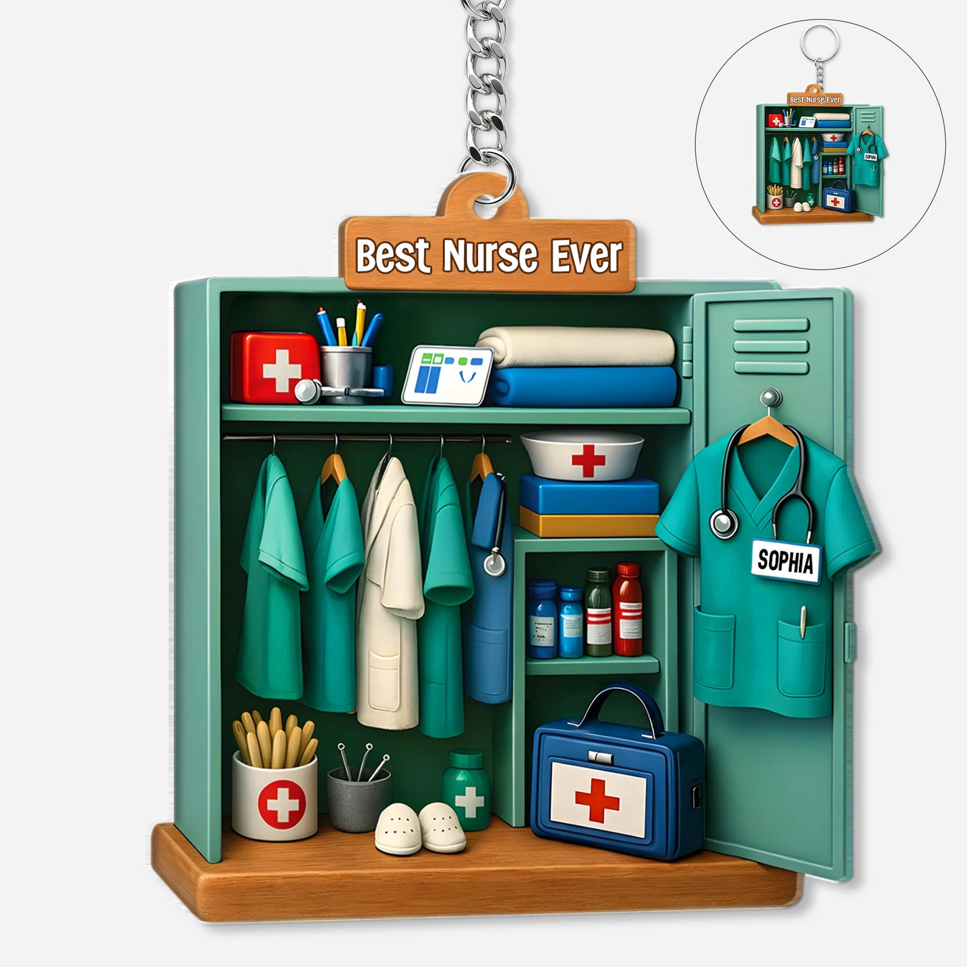 Personalized nurse keychain featuring 3D effect medical locker design with custom name print for nurse appreciation gift
