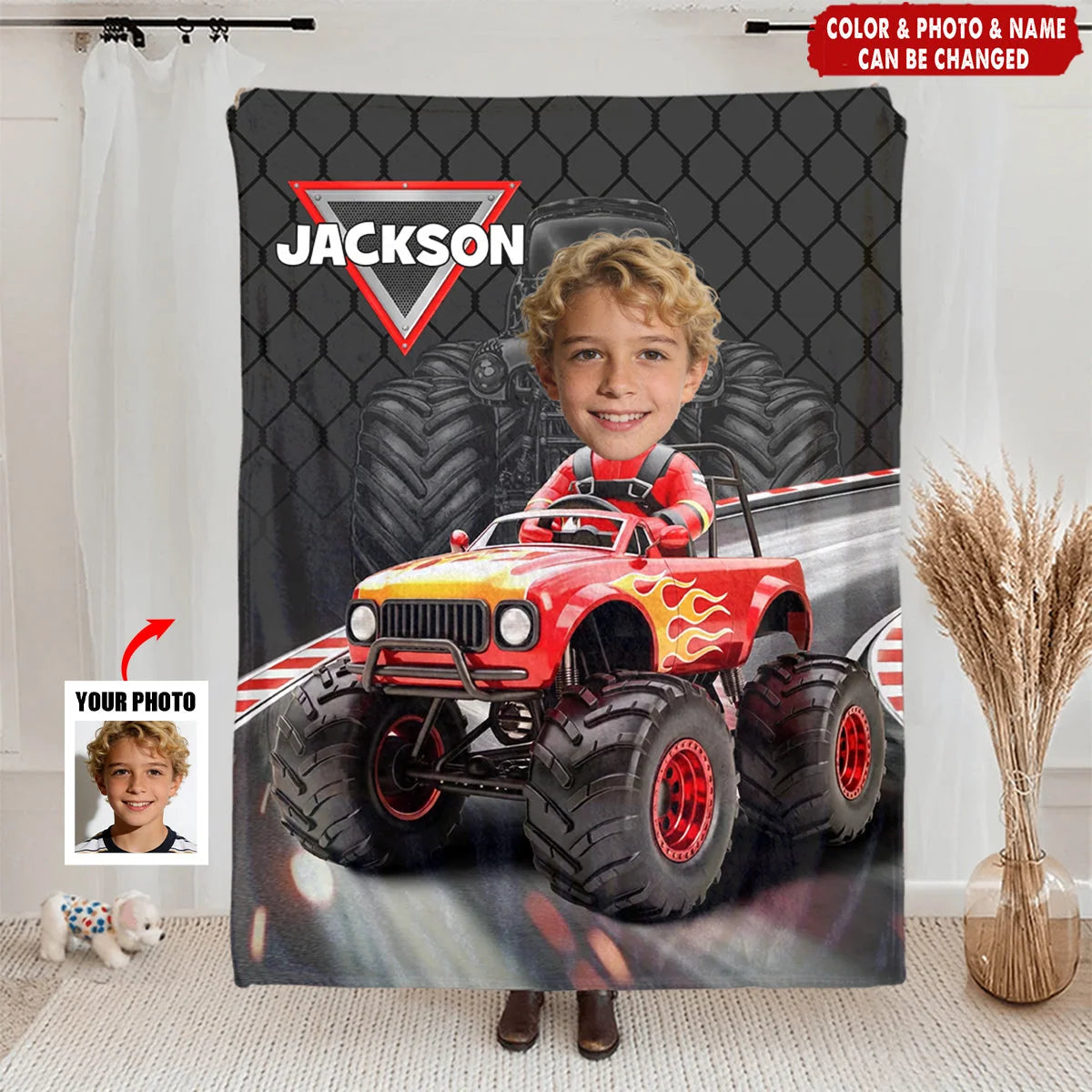 Custom Monster Truck Photo Blanket - Personalized Race Car Throw for Kids Birthday Gift