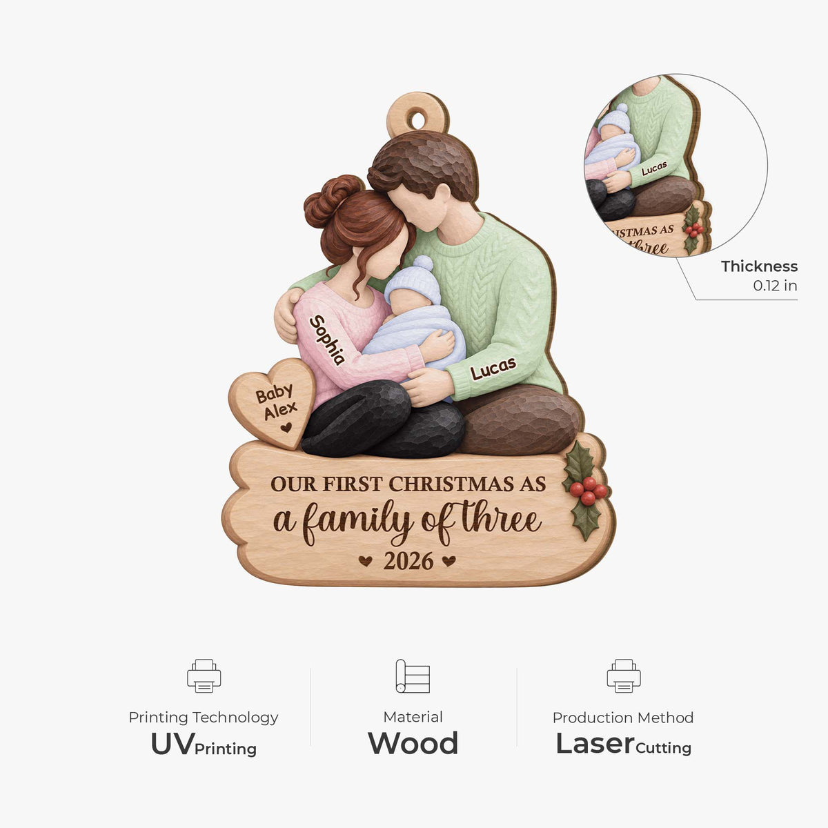 Our First Christmas as a Family of Three - Personalized Wooden Ornament for New Parents