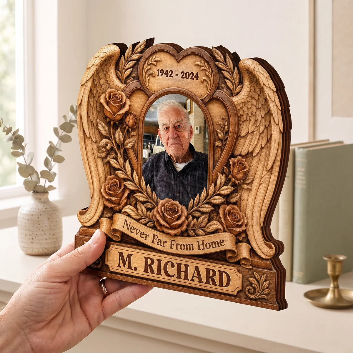 Never Far From Home Personalized Memorial Wooden Block - Custom Photo Keepsake for Family
