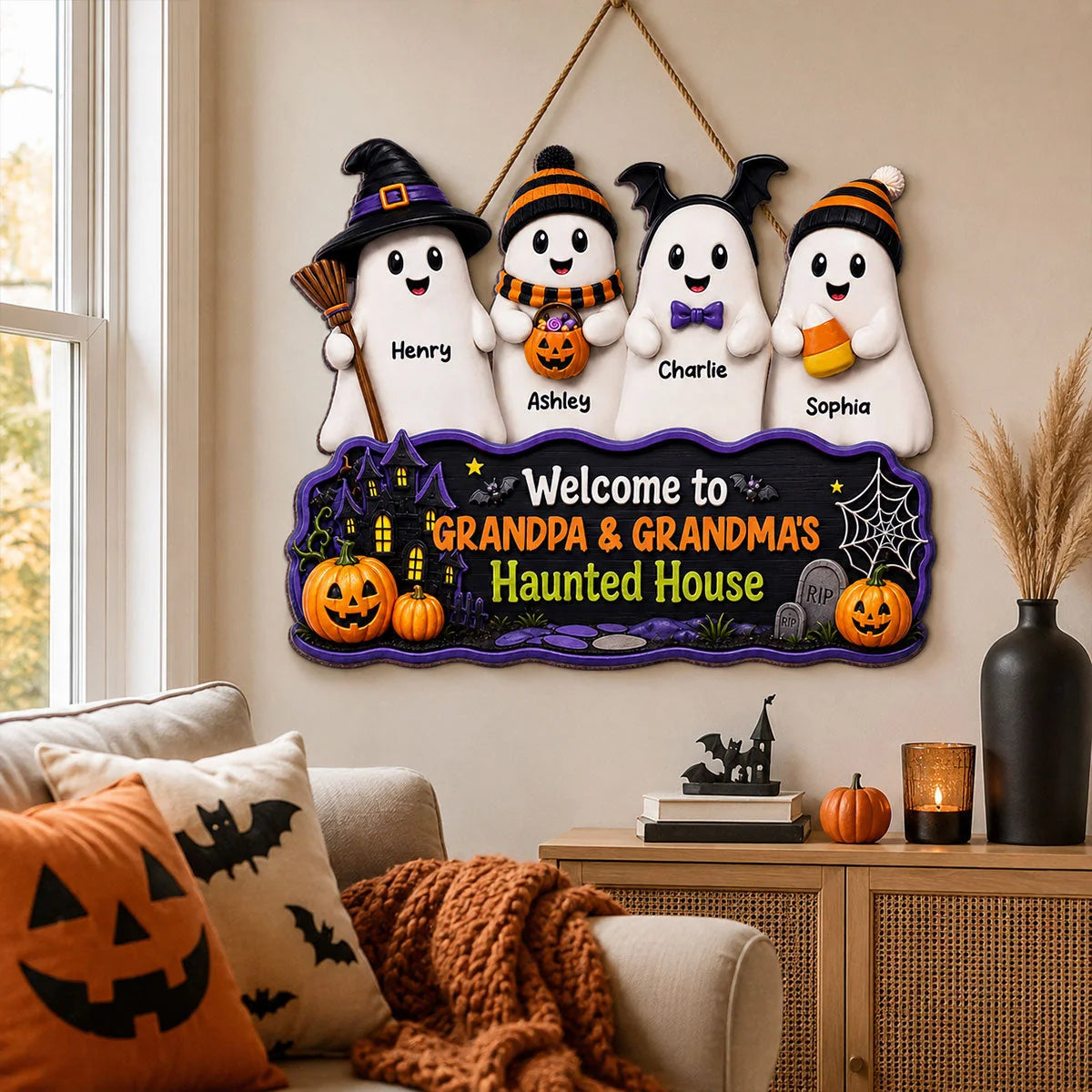 Welcome To Grandma Grandpa Haunted House Sign - Personalized Ghost Family Wood Sign Decor