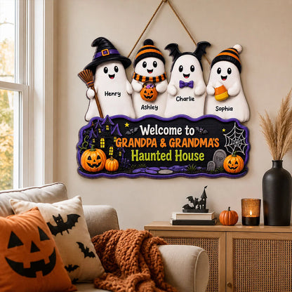 Welcome To Grandma Grandpa Haunted House Sign - Personalized Ghost Family Wood Sign Decor
