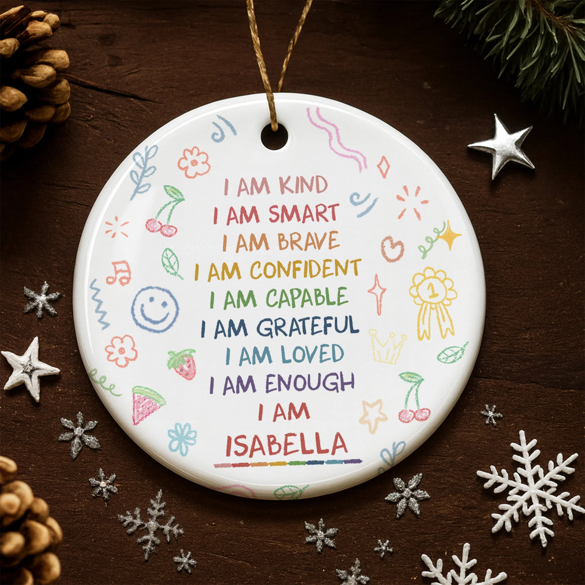 "I Am Kind, Smart, and Brave" Personalized Affirmation Ceramic Ornament - Keepsake for Daughter and Granddaughter