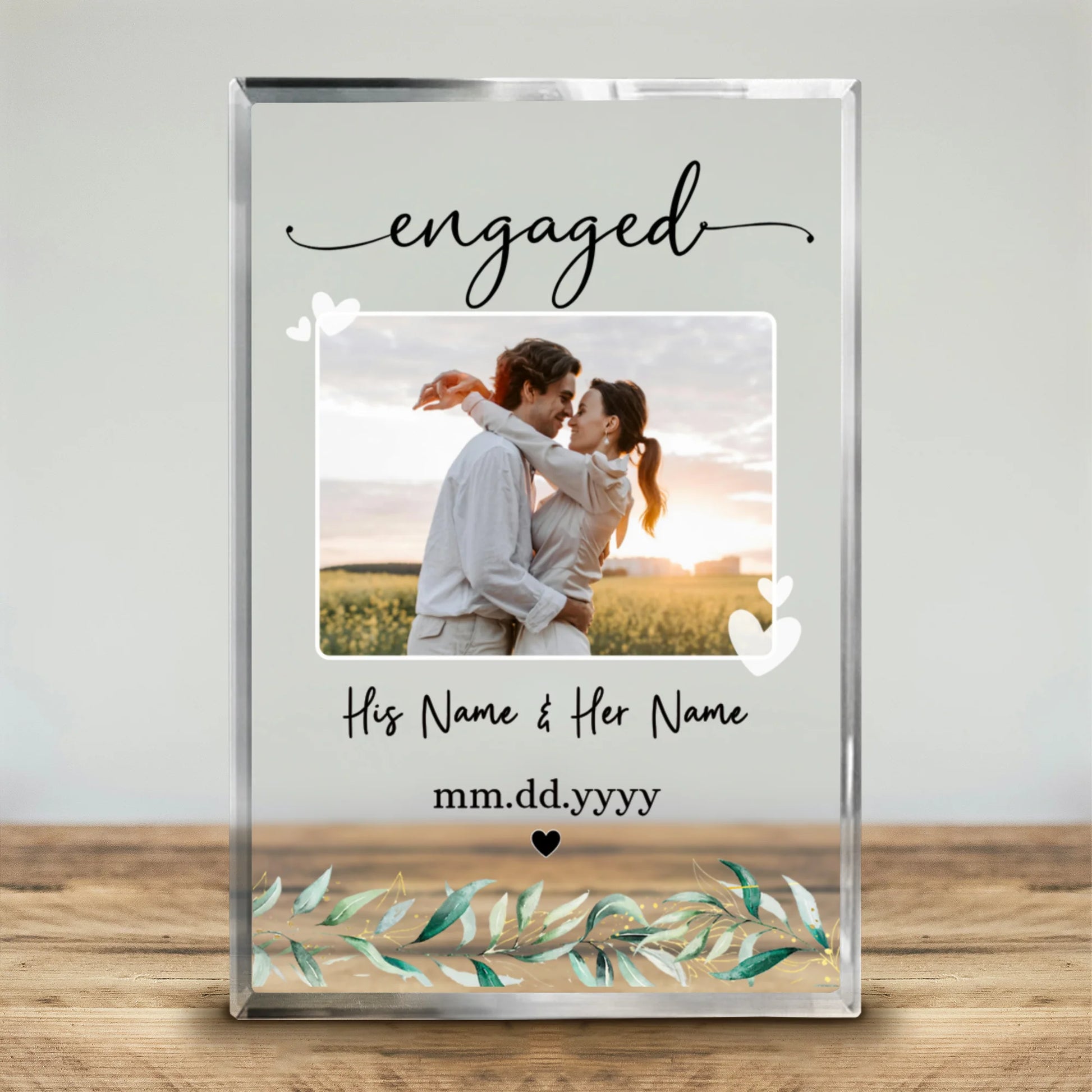 "Engaged" Personalized Photo Acrylic Block Plaque - Custom Couple Gift for Newly Engaged Keepsake