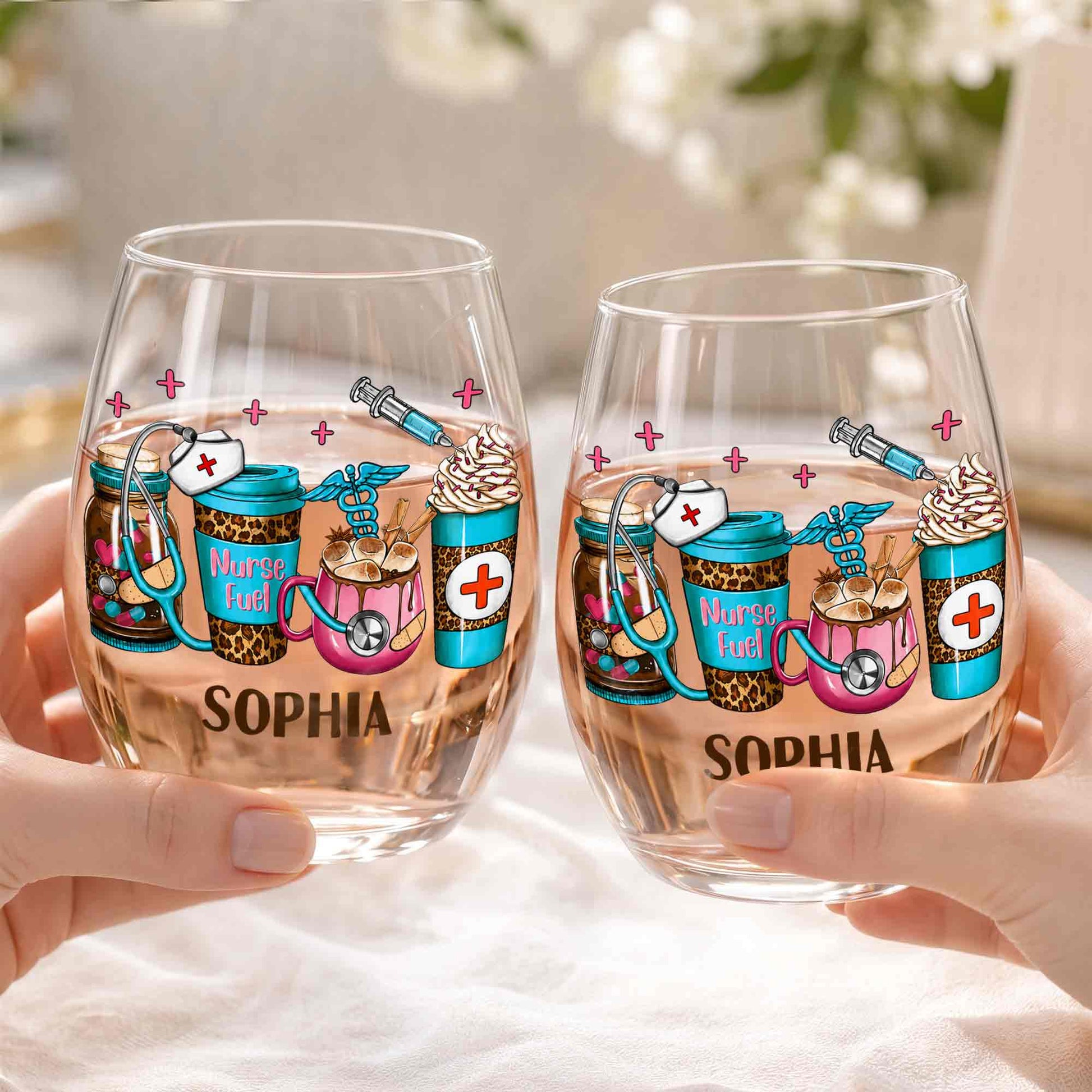 Personalized nurse stemless wine glass with Nurse Fuel leopard coffee cups and medical icons design image 7