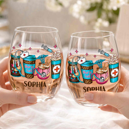 Personalized nurse stemless wine glass with Nurse Fuel leopard coffee cups and medical icons design image 7