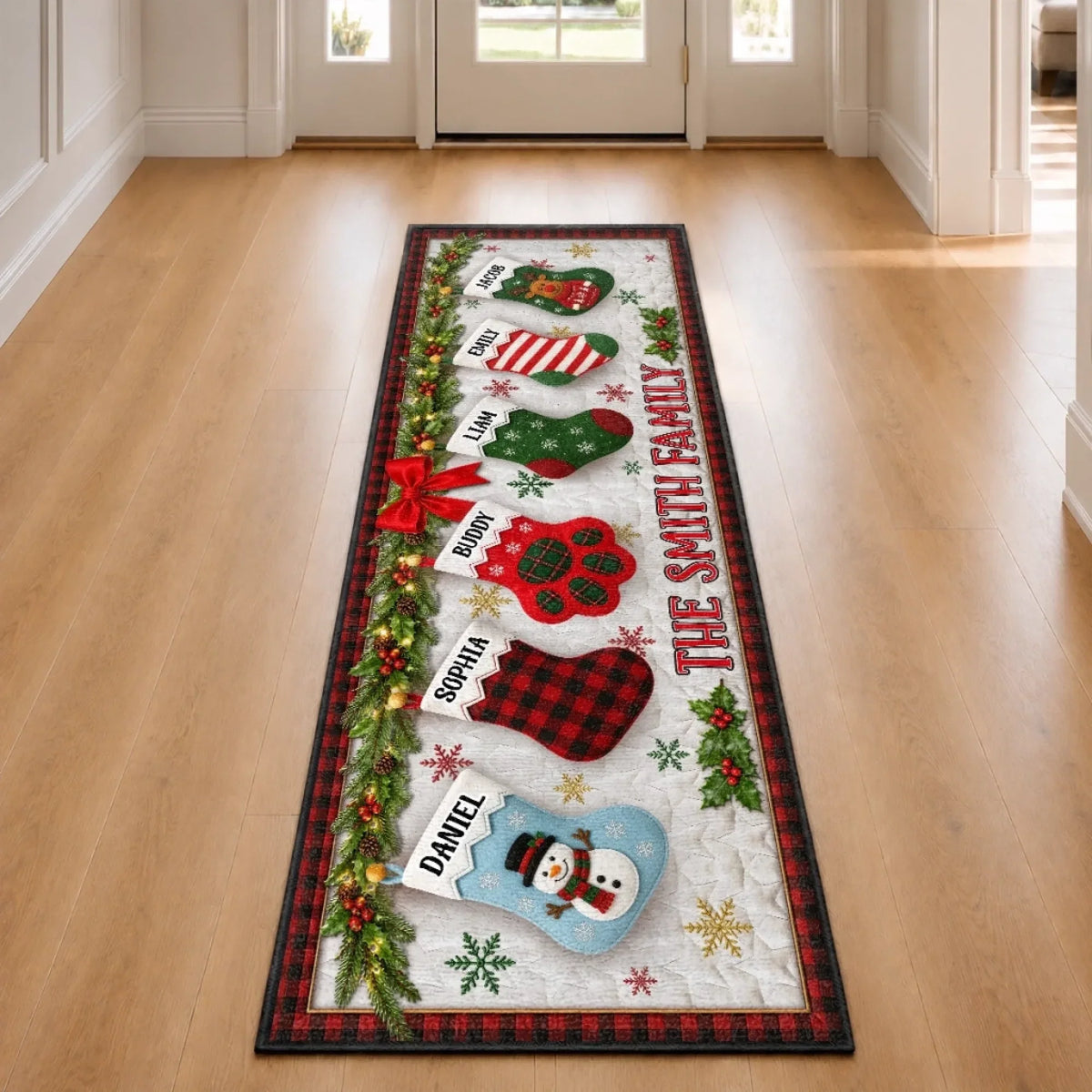 Personalized Christmas Stockings Runner Rug - Custom Family Holiday Decor Gift for Mom and Dad