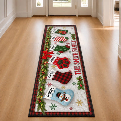 Personalized Christmas Stockings Runner Rug - Custom Family Holiday Decor Gift for Mom and Dad