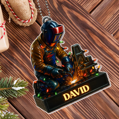 Skilled Welder At Work With Festive Lights