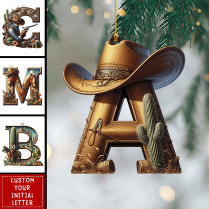 Personalized Western Christmas Ornament - Custom Cowboy Hat Monogram Initial Acrylic Hanging Keepsake