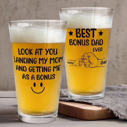 Personalized bonus dad beer glass with funny landing my mom quote - unique gift for stepdad