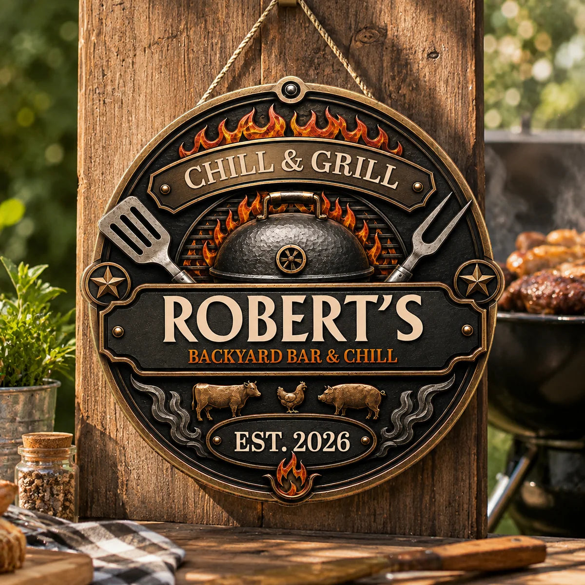 Chill and Grill Personalized Wood Sign - Custom BBQ Door Decor for Dad & Husband