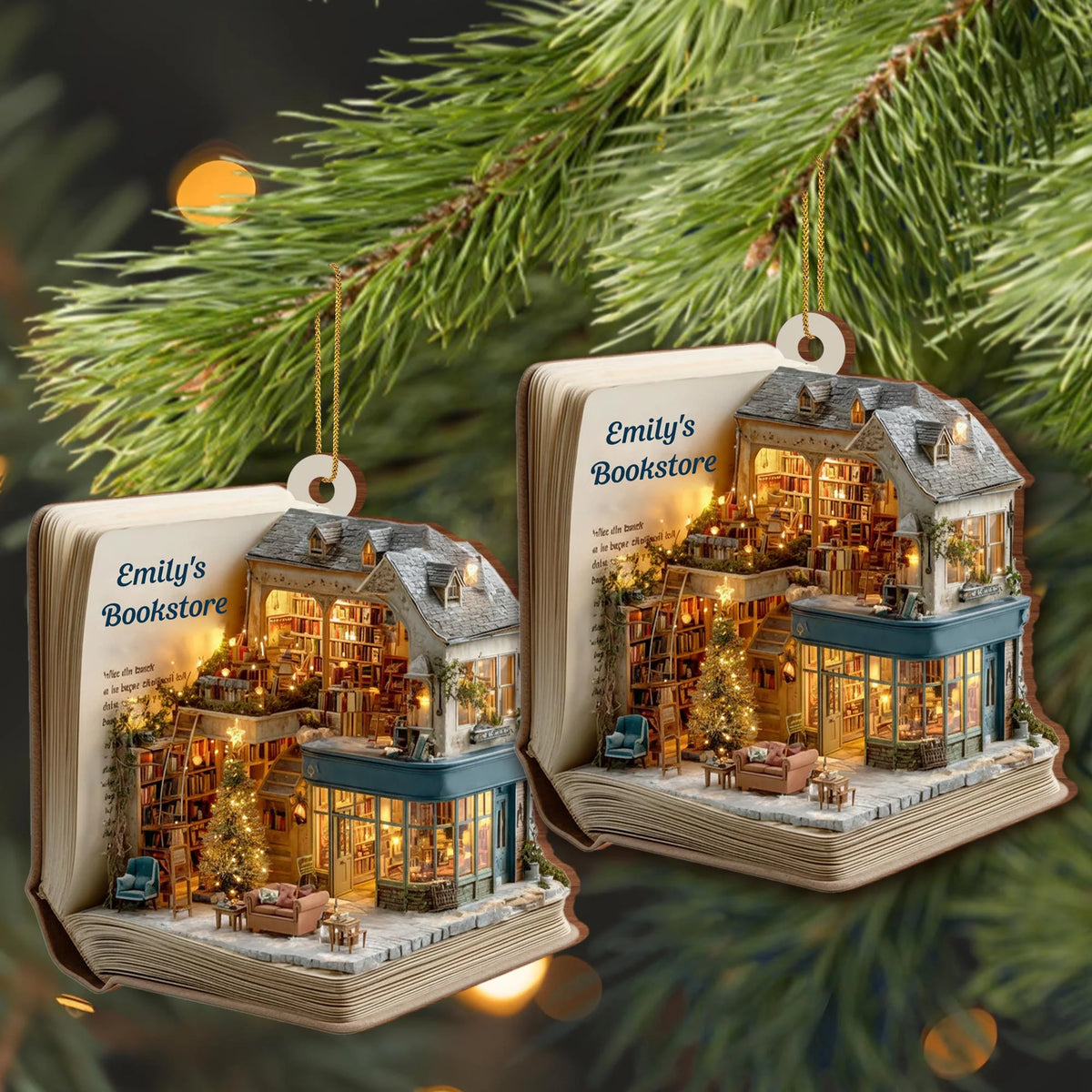 Cozy Bookstore Scene Personalized Wooden Ornament - Book Lovers Custom Holiday Gift
