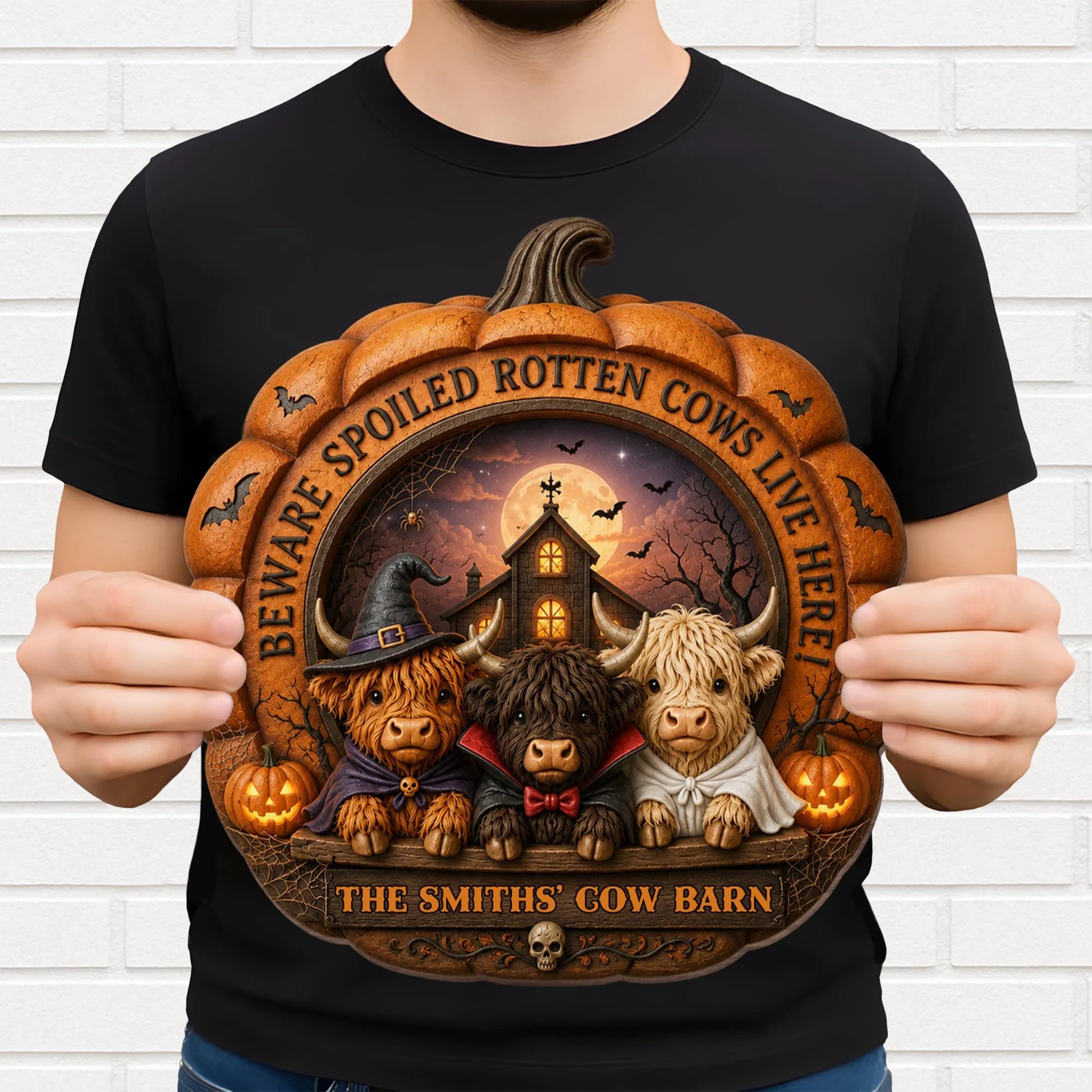 "Beware Spoiled Rotten Cows Live Here" - Personalized Highland Cow Farm Halloween Wood Sign