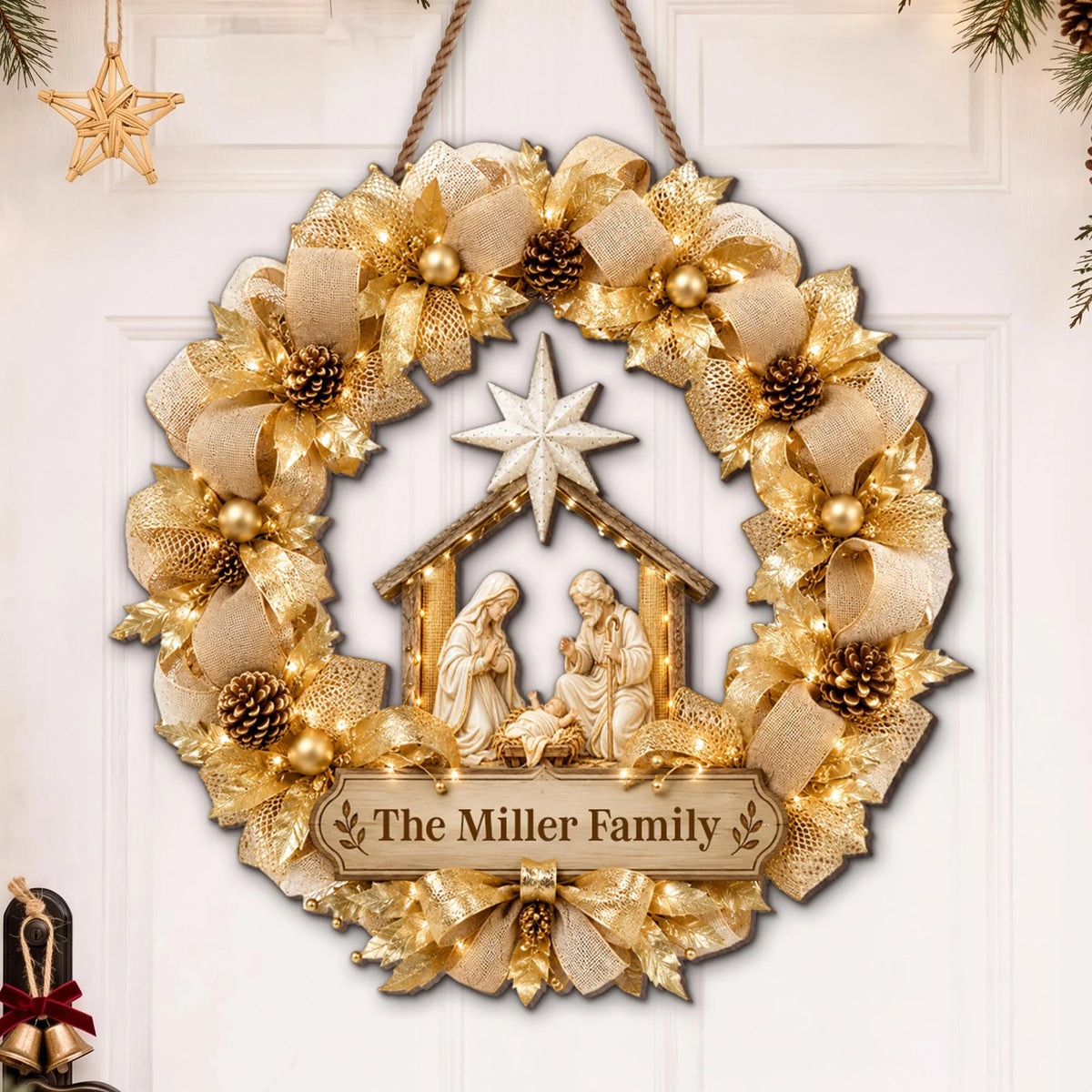 Nativity Scene Gold Wreath Personalized Wood Sign - Christmas Holiday Decor for Family