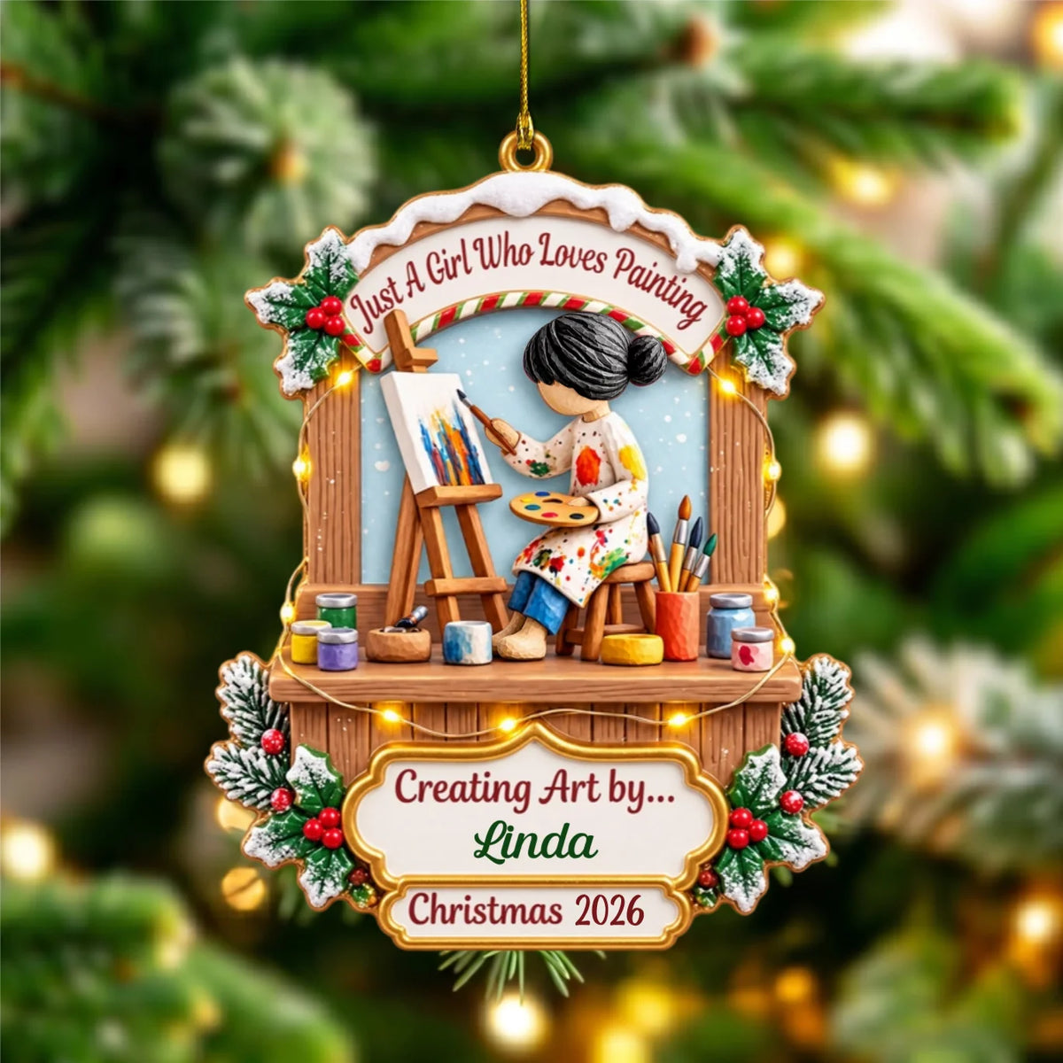 Just A Girl Who Loves Painting Personalized Wooden Ornament - Custom Artist Gift for Daughter