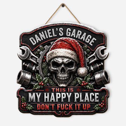 This Is My Happy Place Personalized Garage Wood Sign - Custom Skull Mechanic Christmas Gift for Him