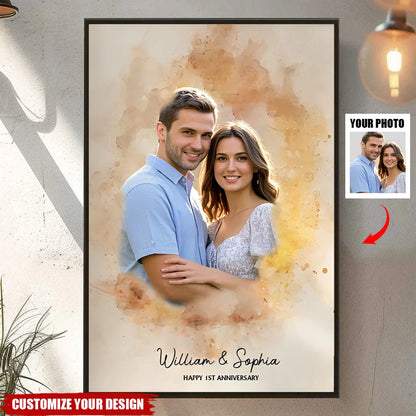 Personalized couple photo canvas print with custom watercolor design and anniversary text for husband and wife