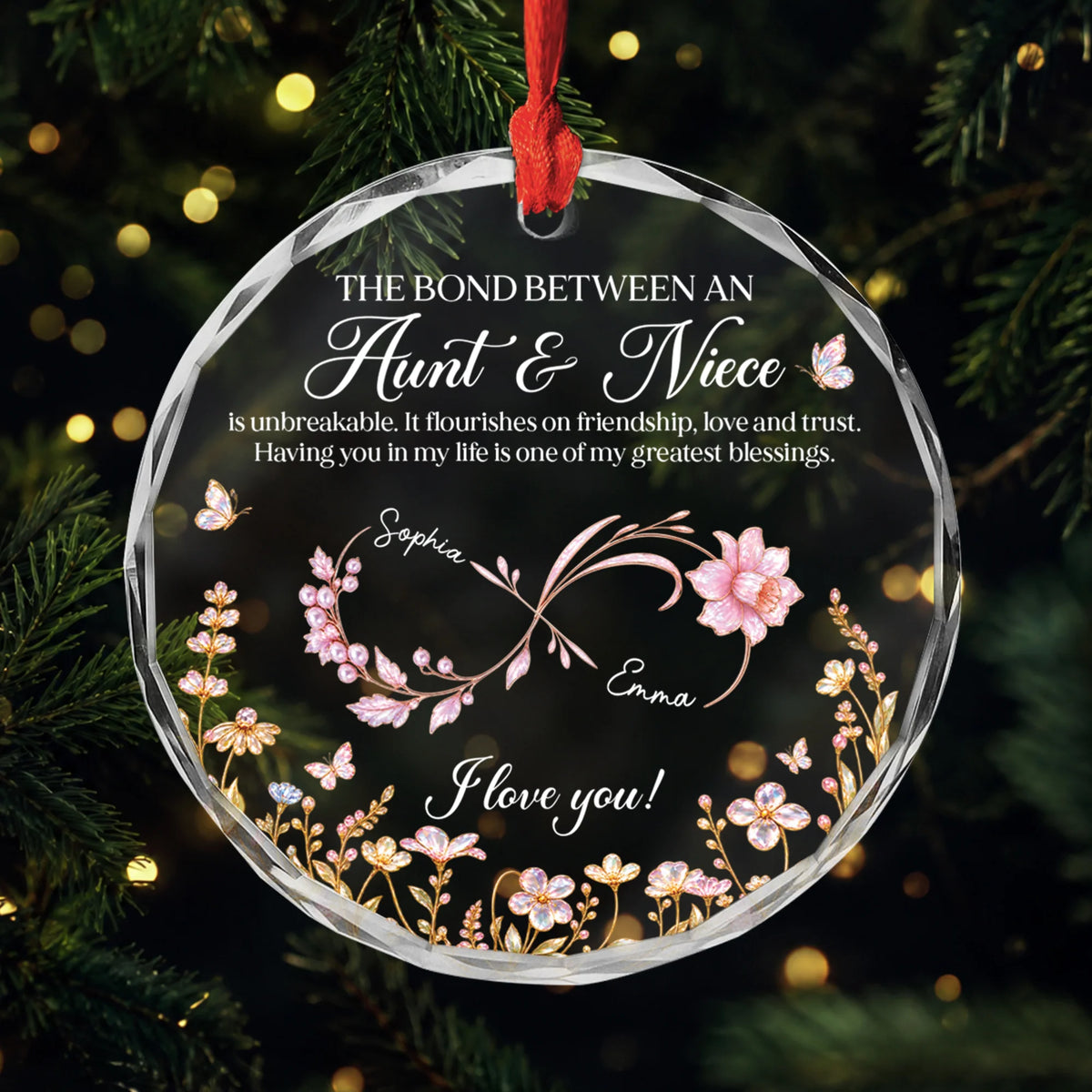 "The Bond Between An Aunt & Niece" Personalized Glass Ornament - Custom Birth Flower Keepsake Gift for Aunt or Niece