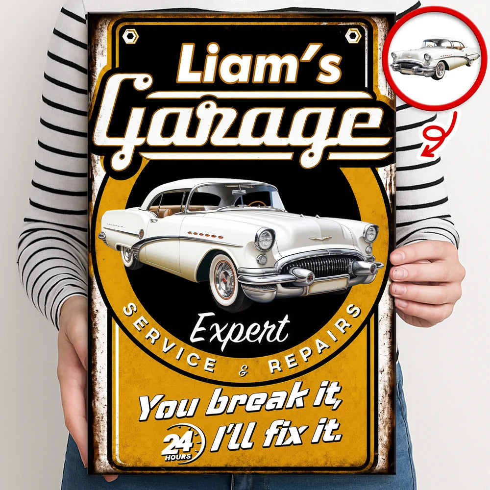 "You Break It I'll Fix It" Personalized Garage Metal Sign - Custom Vintage Car Wall Art Decor