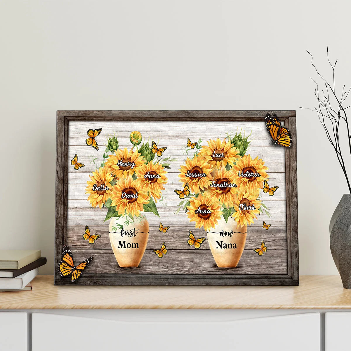"First Mom Now Grandma" Sunflower Pot Personalized Canvas / Poster - Custom Wall Art Gift for Mom & Grandma