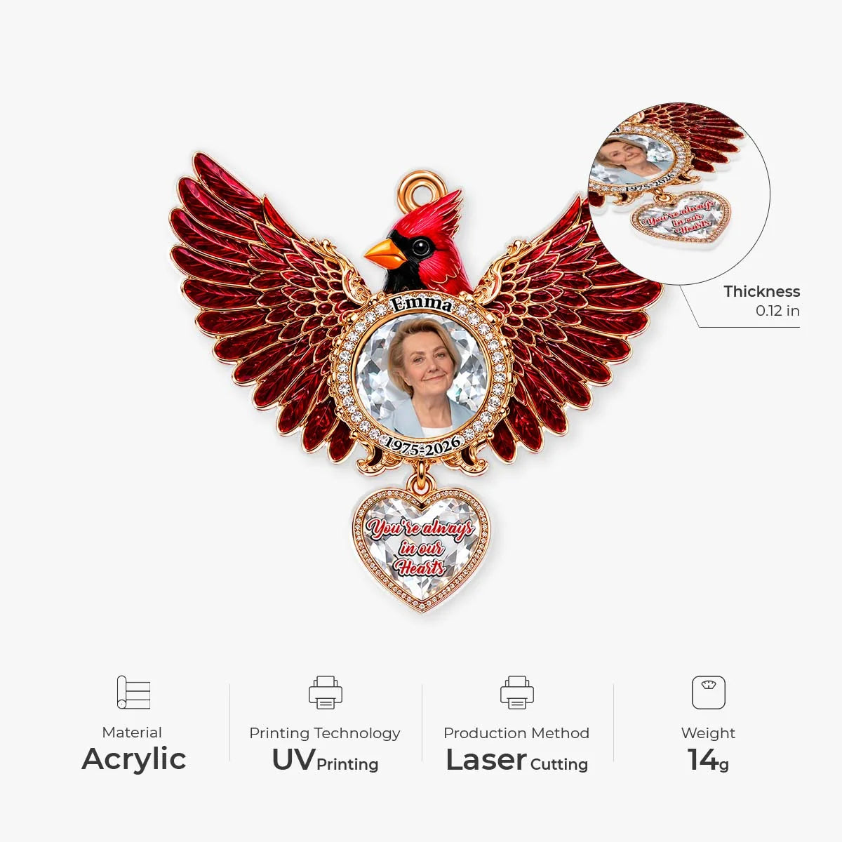 "You're Always In Our Hearts" Personalized Cardinal Angel Wings Memorial Acrylic Ornament - Keepsake Gift  for Family