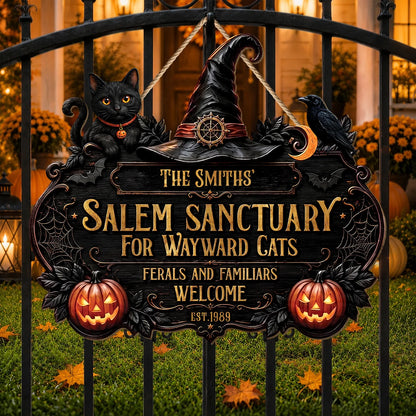 Salem Sanctuary For Wayward Cats Wood Sign - Personalized Halloween Family Decor