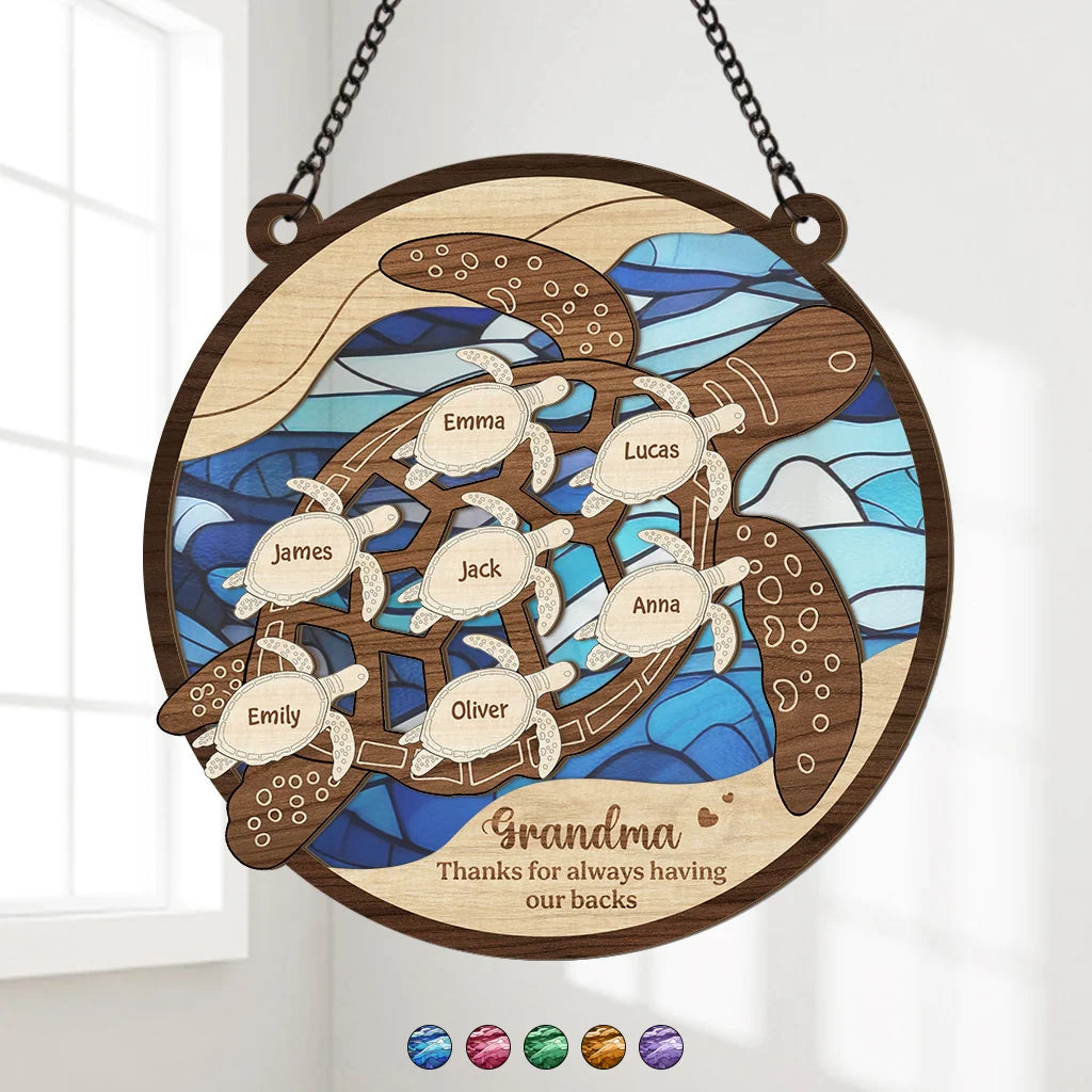 "Thanks For Always Having Our Backs" Personalized Turtle Suncatcher Ornament - Window Decor for Mom Grandma
