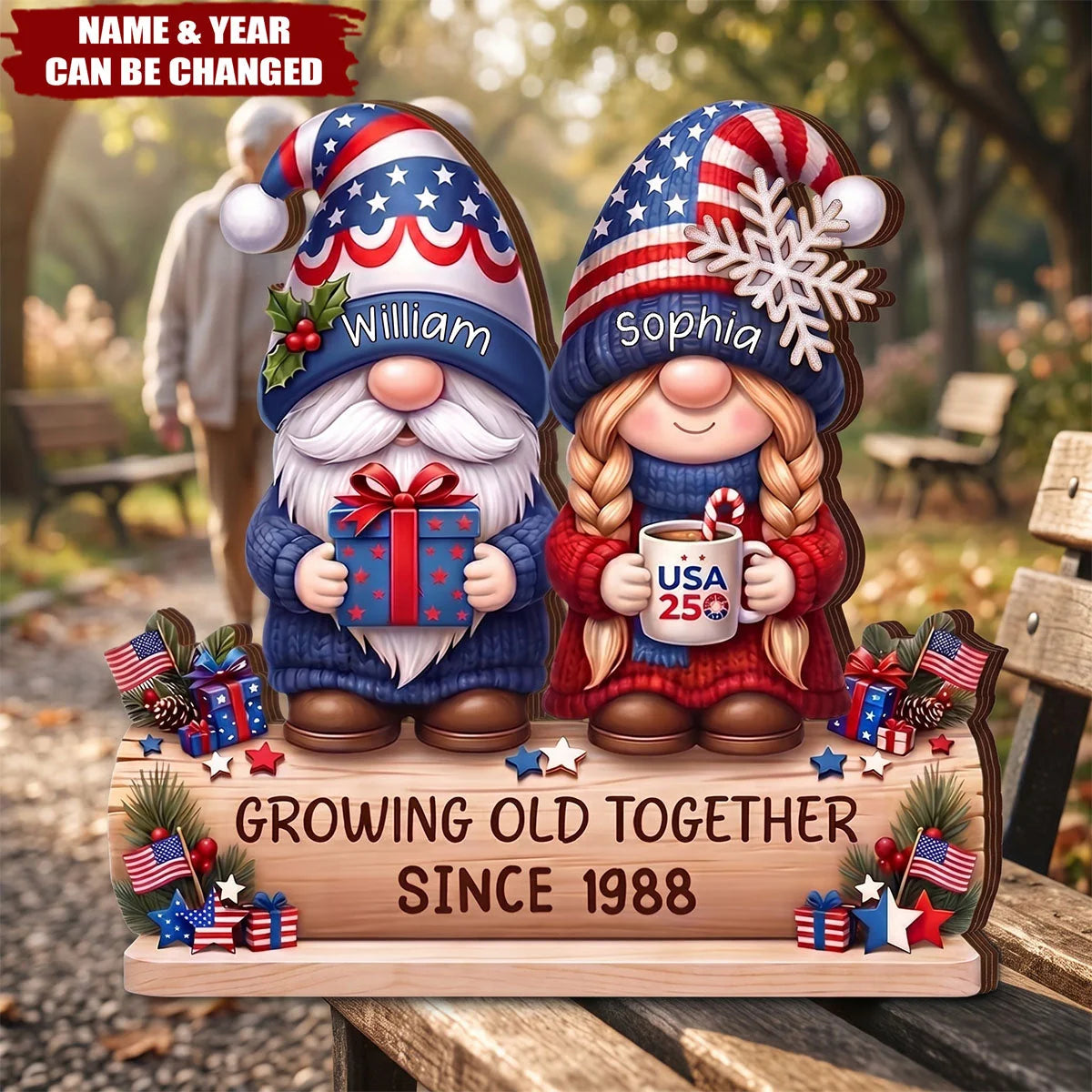 "Growing Old Together" Personalized Gnome Couple Wooden Block - Custom Husband Wife Anniversary Gift
