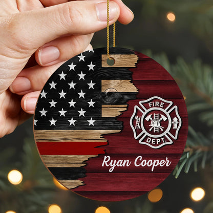 Fire Dept. Custom Wood Ornament Featuring American Flag And Emblem