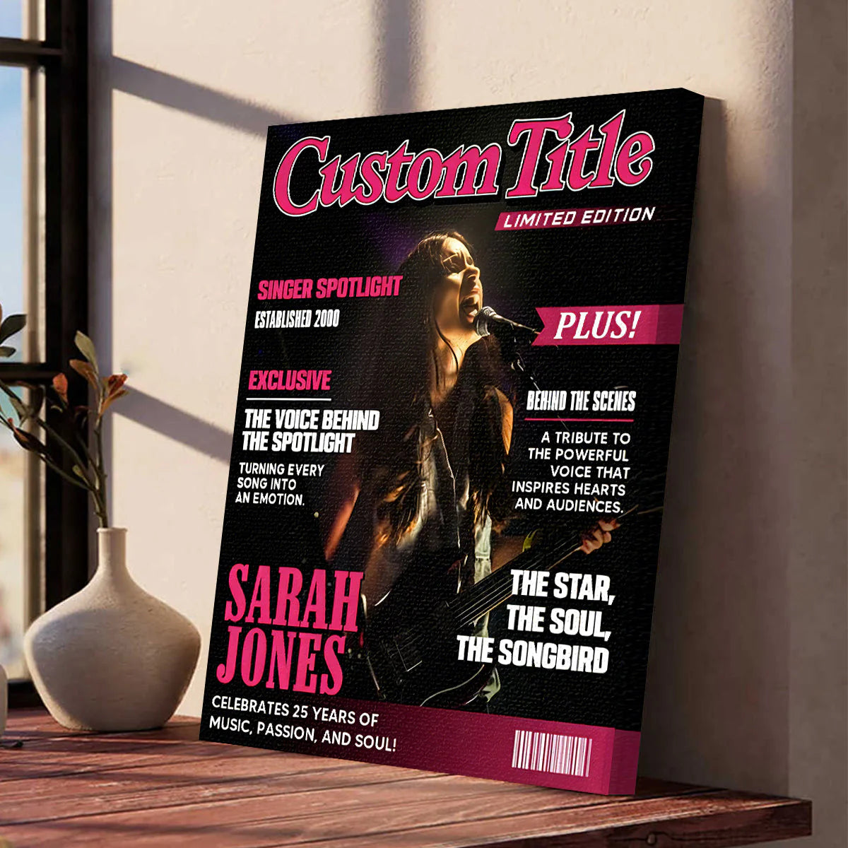 Personalized singer magazine cover poster canvas print on a living room wall featuring custom pop star layout style art image 6